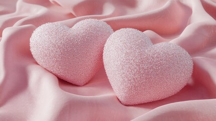 Fototapeta premium Romantic Pink Hearts on Soft Fabric for Valentine's Day Celebration and Festive Decoration