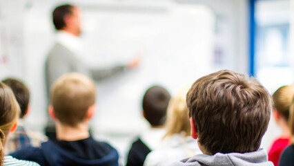 Interactive Presentation Blur: Teacher conducting an interactive lesson with blurred students
