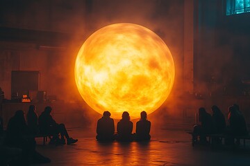 Large spherical sculpture illuminated in warm orange glow,  silhouetted figures observe the contemporary art installation within a minimalist gallery space.