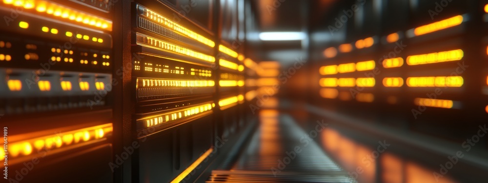 Poster advanced data center infrastructure, rows of servers, efficient cooling systems, vibrant led indicat