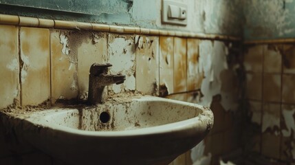Deteriorating Bathroom Scene, neglected space with dark mold, cracked tiles, grimy sink, atmosphere of decay and disrepair