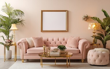 Pink sofa, gold accents, plants, blank frame, stylish living room interior mockup.