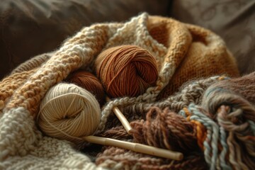 A cozy collection of yarn balls and knitting needles nestled in a textured blanket.