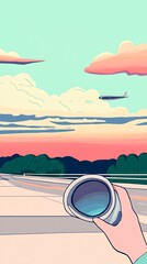 Vibrant Sunset Illustration: Hand Holding Camera, Gently Observing Peaceful Landscape. AI Generated