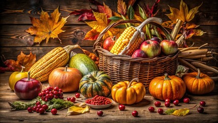 Golden harvest overflows: Thanksgiving cornucopia, vibrant fall food photography captures autumn abundance.