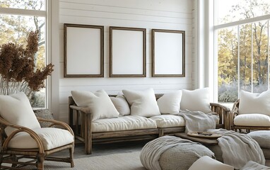 Fototapeta premium Cozy living room with blank frames, autumn view, relaxation.