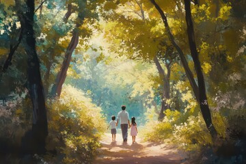 Fototapeta premium A family holding hands and walking through a serene forest trail, sharing a bonding moment.