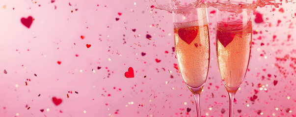 Two clinking champagne glasses with splash of red heart shaped confetti over pink background. Overhead view, copy space. Valentine's Day concept