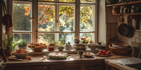 A cozy kitchen scene filled with fresh fruits and baked goods, illuminated by natural light.