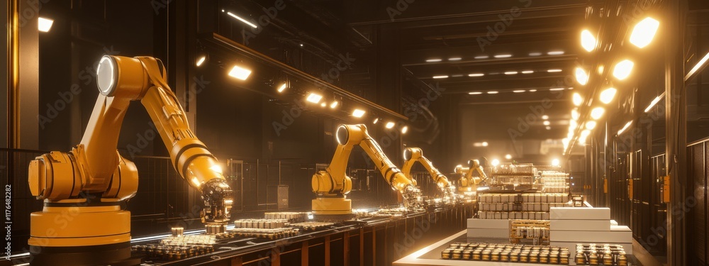 Poster automated factory assembly, robotic arms efficiently assembling products in a well-lit industrial en