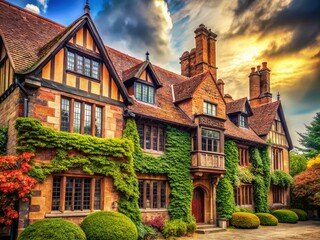 Fototapeta premium Vintage Photo: Majestic Old English Architecture, Charming Tudor Style Building