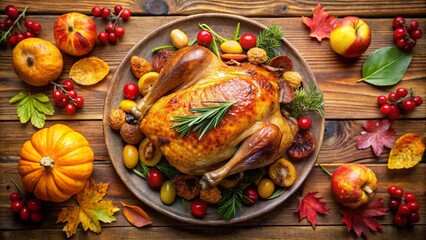 Cooked chicken for Thanksgiving Day. Baked whole chicken or turkey with autumn vegetables, mushrooms and berries for festive dinner on wooden table. Thanksgiving Day, holidays concept. Top view