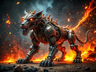 Fototapeta premium Vintage Photo: Molten Black Robotic Beast with Glowing Red Embers