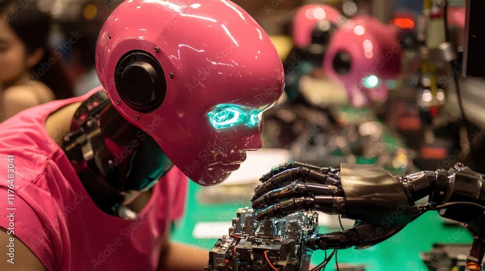 Poster female robot assembling components in smart factory