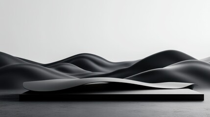 Minimalist monochrome composition with abstract geometric forms of mountains and flowing dunes. A striking, elegant product stand completes the scene.