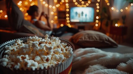 A cozy movie night scene with popcorn and warm lights, featuring a person enjoying a film.