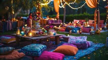 A cozy outdoor gathering with colorful cushions, fairy lights, and a beautifully decorated cake.