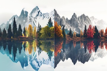 A split image showcases a picturesque autumnal mountain lake scene. The left displays vibrant HDR colors, while the right shows a desaturated standard version. Both feature snowcapped peaks and autumn
