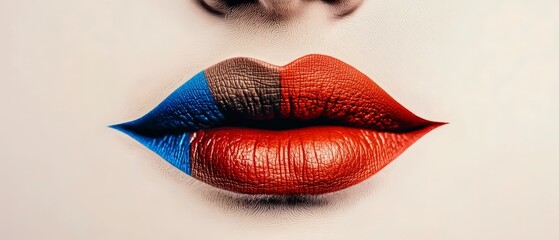 Obraz premium Abstract Lips Red Blue Brown Makeup Closeup Beauty Cosmetics Fashion