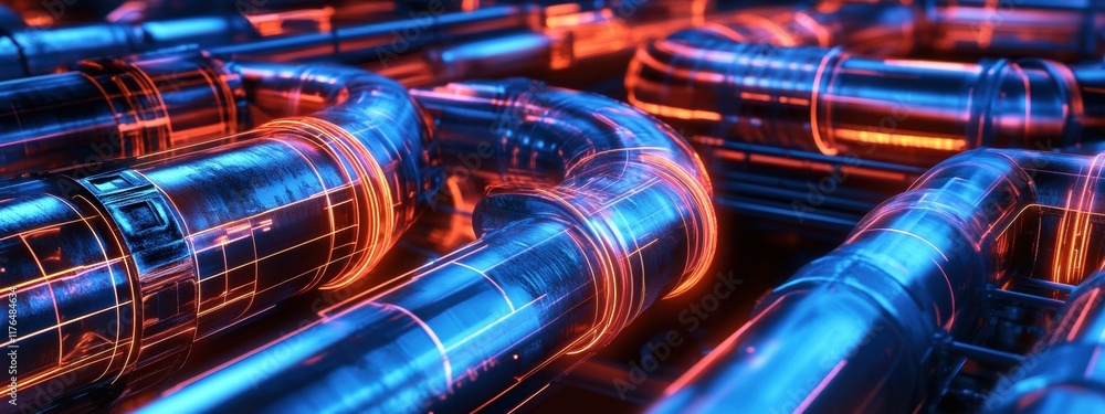 Poster futuristic power grid, an advanced energy system featuring illuminated conduits and intricate grid p