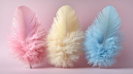 Obraz premium Three pastel feathers on pink background.