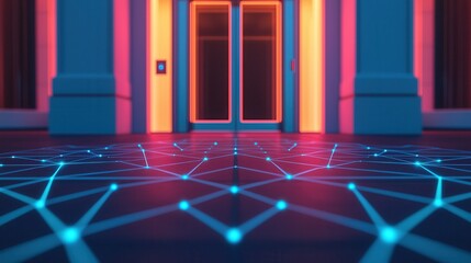 Digital doors enhance access and connectivity. Futuristic entrance with neon lights and glowing floor pattern.