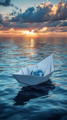 Fototapeta premium Paper Boat with Earth Globe on Sunset Ocean