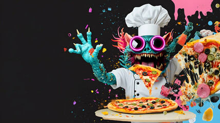 vibrant pop art style monster in chef hat joyfully tossing pizza toppings