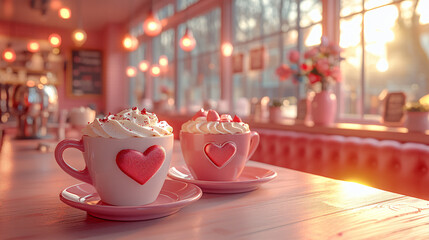 Obraz premium A charming Valentine's-themed café featuring heart-shaped desserts, soft sunlight, perfect for romantic occasions, Valentine's Day celebrations, or cozy gatherings.