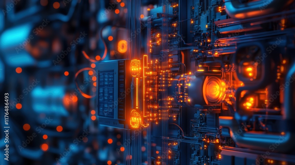 Poster glowing industrial robot with exposed wiring and circuits, showcasing advanced technology and intric