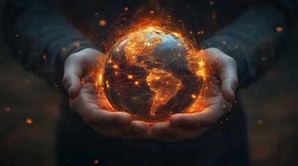 Fototapeta premium Burning Earth in hands, climate change