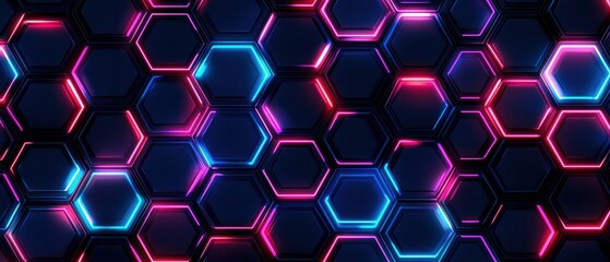 A vibrant, futuristic pattern featuring glowing hexagons in blue and pink against a dark background, creating a dynamic, tech-inspired visual.