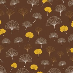art wallpaper. golden, brown, yellow, turquoise and gray ginkgo biloba leaves, feathers. In drawing on gray light background with golden wavy lines