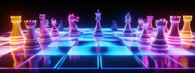 Neon Chessboard Duel, vibrant glowing chess pieces illuminate a futuristic game set on a luminous board, dynamic energy and strategy collide