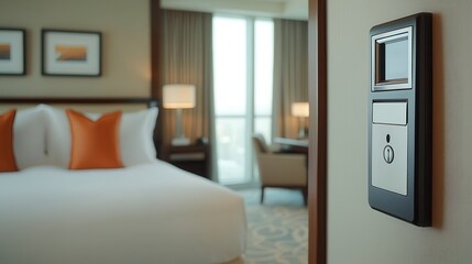 Digital doors enhance access and connectivity. Modern hotel room with stylish decor and electronic lock system.