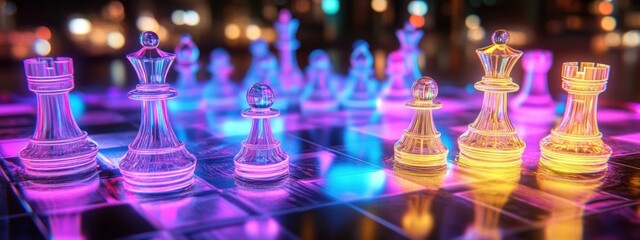 Neon Chess Duel, a vibrant chessboard illuminated with glowing pieces, creating an electrifying atmosphere of strategy and competition.