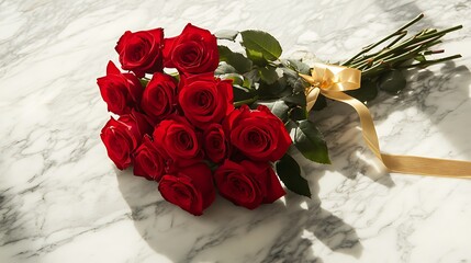 A dozen red roses tied with a golden ribbon on a marble table