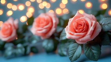 Three peach roses bokeh background.