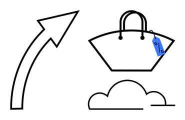 Upward arrow pointing towards a shopping bag with a price tag, above a cloud. Ideal for e-commerce trends, online shopping rise, digital retail growth, consumer behavior, sales increase, market