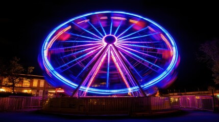 Neon Ferris Wheel at Night Carnival, vibrant colors illuminate the festive atmosphere, joyful crowds enjoy thrilling rides and games