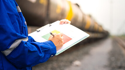 Action of a worker is perform safety risk assessment in the color matrix form for crude oil freight...