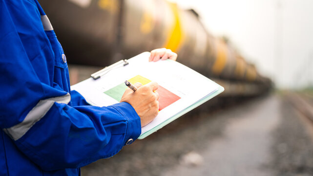 Action of a worker is perform safety risk assessment in the color matrix form for crude oil freight tanker train transportation. Industrial and business working scene, close-up with selective focus.
