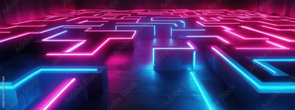 Poster neon labyrinth in a dark void, an intricate maze with radiant walls illuminating the surrounding dar