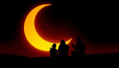 Fototapeta premium silhouette of family at sunset. family is praying. eid mubarak greeting card. illustration of a couple in the night