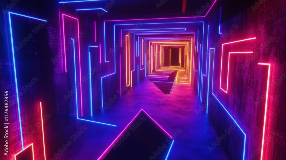 Poster neon labyrinth in the void, an immersive maze of radiant walls pulsating with light, set against an 