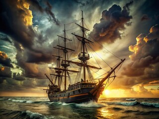 Obraz premium Vintage Pirate Ship, Black Sail, Seafaring Adventure, Retro Photo