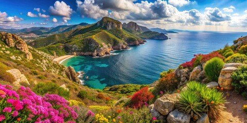 Naklejka premium Panoramic Corse 146: Breathtaking Coastal Views, Dramatic Cliffs, Island Scenery, Mediterranean Sea, Scenic Road Trip