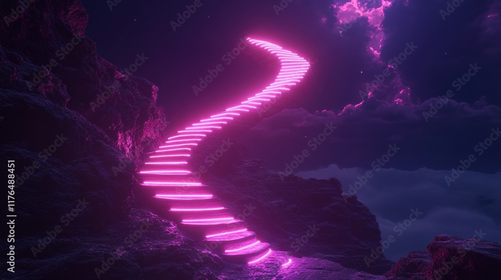 Aufkleber neon spiral ascent, an illuminated staircase twists upward into an abyss of darkness, creating a mes