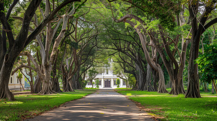 Obraz premium A long path with trees on either side. The trees are tall and leafy. The path is lined with trees and is surrounded by a green area