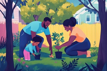 A father, mother, and child planting trees in their backyard as part of a volunteer initiative for corporate social responsibility.